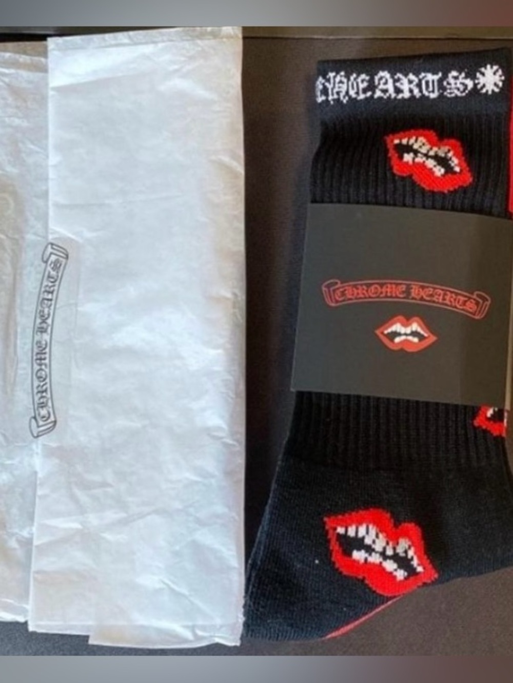 Chrome Hearts Black Crew Socks with Red Lip Motif